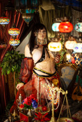1girl asian belly belly_dancer black_hair breasts chouzuki_maryou cleavage highres large_breasts lipstick makeup photo_(medium) plump solo thick_thighs thighs underboob