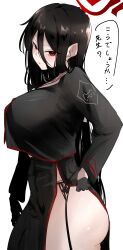 1girl absurdres ass black_garter_belt black_gloves black_hair black_serafuku blue_archive breasts commentary_request garter_belt gloves hair_between_eyes halo hasumi_(blue_archive) highres huge_breasts long_hair long_hair_between_eyes looking_at_viewer mira_mira_mira neckerchief no_wings red_eyes red_neckerchief school_uniform serafuku shirt_overhang simple_background solo speech_bubble straight_hair translation_request very_long_hair white_background