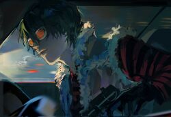 Rule 34 | 1boy, black gloves, cigarette, death note, fur-trimmed jacket, fur collar, fur trim, gloves, hair between eyes, highres, jacket, long sleeves, male focus, matt (death note), rain (neporain), shirt, short hair, smoke, smoking, solo, striped clothes, striped shirt, tinted eyewear, white-framed eyewear, yellow-tinted eyewear