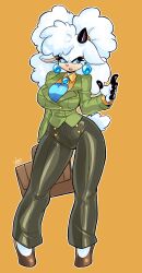 1girl absurdres blue_eyes breasts curvy earrings female_focus full_body highres horns jamoart jewelry lanolin_the_sheep large_breasts long_hair secretary sheep_girl simple_background single_horn solo sonic_(series) suitcase tail white_hair wide_hips