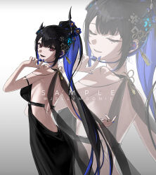 1girl :d alternate_costume arm_strap asymmetrical_horns backless_dress backless_outfit black_dress black_hair blue_hair blue_nails breasts closed_eyes colored_inner_hair commentary demon_horns dress english_commentary flower flower_knot hair_ornament hand_up headset high_ponytail highres hololive hololive_english horn_flower horns long_hair looking_at_viewer looking_back median_furrow medium_breasts mole mole_under_eye moonie multicolored_hair nail_polish nerissa_ravencroft open_mouth parted_lips ponytail purple_eyes sample_watermark sleeveless sleeveless_dress smile solo tassel tassel_hair_ornament uneven_horns very_long_hair virtual_youtuber watermark zoom_layer