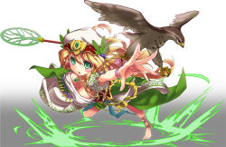 1girl akahane_daisuke bad_id bad_pixiv_id barefoot bird blonde_hair blush breasts falcon female_focus foreshortening freyja_(p&amp;d) gradient_background green_eyes large_breasts looking_at_viewer puzzle_&amp;_dragons running solo