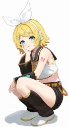 Rule 34 | 1girl, absurdres, aqua eyes, arm support, belt, black leg warmers, black sailor collar, black shorts, black sleeves, blonde hair, bow, detached sleeves, full body, grin, hair ornament, hairclip, headset, highres, kagamine rin, leg warmers, looking at viewer, neckerchief, number tattoo, orange belt, parallel hairclips, sailor collar, school uniform, shirt, shoes, short hair, shorts, simple background, sleeveless, sleeveless shirt, smile, solo, squatting, tattoo, vocaloid, white background, white bow, white shirt, white shoes, yellow neckerchief, zhoulao