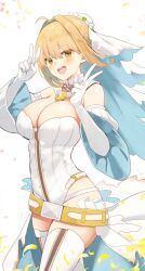 1girl ahoge bare_shoulders belt blonde_hair blush breasts chain cleavage detached_collar detached_sleeves elbow_gloves fate/grand_order fate_(series) flower_wreath gloves green_eyes hair_between_eyes hair_intakes head_wreath highleg highleg_leotard highres kujiran large_breasts leotard lock long_hair looking_at_viewer nero_claudius_(bride)_(fate) nero_claudius_(bride)_(second_ascension)_(fate) nero_claudius_(fate) open_mouth padlock petals puffy_sleeves smile solo thighhighs thighs veil white_gloves white_leotard white_thighhighs wide_sleeves zipper