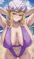 1girl absurdres arms_behind_head arms_up beach blonde_hair blue_sky breasts cloud commentary_request cowboy_shot gluteal_fold hat hat_ribbon highleg highleg_one-piece_swimsuit highres huge_breasts long_hair looking_at_viewer mirufi_(milfiiiiyu) mob_cap navel one-piece_swimsuit outdoors paid_reward_available ribbon sand skindentation sky smile solo swimsuit thigh_gap touhou water white_hat yakumo_yukari