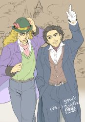 Rule 34 | 2boys, black hair, blonde hair, crossover, hat, jojo no kimyou na bouken, long hair, miyasemao, multiple boys, name connection, robert downey jr., robert e. o. speedwagon, scar, sherlock holmes, sherlock holmes (movie), the adventures of sherlock holmes