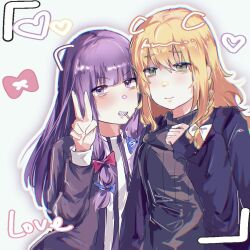 2girls alternate_costume axxyu black_jacket blonde_hair blue_bow blunt_bangs blush bow braid chinese_commentary cigarette closed_mouth commentary_request cookie_(touhou) grey_sweater grin hair_bow heart jacket kirisame_marisa long_hair long_sleeves looking_at_viewer mars_(cookie) multiple_girls patchouli_knowledge purple_eyes purple_hair purple_shirt red_bow sharp_teeth shirt side_braid simple_background single_braid smile striped_clothes striped_shirt sweater taisa_(cookie) teeth touhou upper_body v vertical-striped_clothes vertical-striped_shirt white_background white_bow