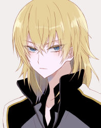 Rule 34 | 1boy, :/, androgynous, blonde hair, blue eyes, collarbone, colored eyelashes, expressionless, eyelashes, hair between eyes, high collar, jacket, light blush, liliadent krauser, looking at viewer, male focus, medium hair, mi nntk, pale skin, partially unzipped, portrait, simple background, solo, tennis no ouji-sama, track jacket, white background, wispy bangs