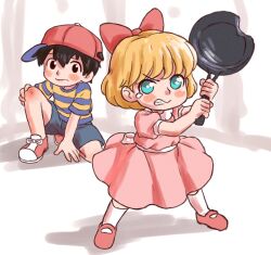 1boy 1girl baseball_cap beachepisode black_eyes black_hair black_shorts blonde_hair blush bow clenched_teeth closed_mouth dress frying_pan hair_bow hat highres holding holding_frying_pan looking_at_viewer mother_(series) mother_2 ness_(mother_2) nintendo parted_lips paula_(mother_2) pink_dress red_bow red_hat red_shoes shirt shoes short_hair short_sleeves shorts sneakers socks striped_clothes striped_shirt t-shirt teeth white_socks