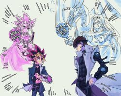 Rule 34 | 3boys, atem, banner, black hair, black shirt, blonde hair, blue-eyes white dragon, blue jacket, ckwb ygo, coat, commentary request, cowboy shot, duel disk, hand fan, heart, highres, holding, holding banner, holding fan, jacket, kaiba seto, kisara (yu-gi-oh!), medium hair, multicolored hair, multiple boys, muto yugi, purple eyes, purple hair, shirt, short hair, simple background, spiked hair, translation request, white background, white coat, yu-gi-oh!, yu-gi-oh! the dark side of dimensions