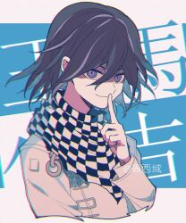 Rule 34 | 1boy, artist name, black hair, blue background, character name, checkered clothes, checkered scarf, closed mouth, cropped torso, danganronpa (series), danganronpa v3: killing harmony, finger to mouth, hair between eyes, hand up, index finger raised, jacket, long sleeves, looking at viewer, male focus, medium hair, oma kokichi, purple eyes, purple hair, scarf, shaded face, short hair, smile, solo, straitjacket, two-tone background, upper body, white jacket, xi yuu