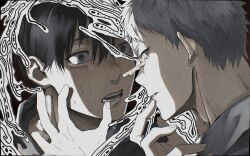 2boys absurdres black_hair body_horror collared_shirt hair_between_eyes highres hikaru_(hikaru_ga_shinda_natsu) hikaru_ga_shinda_natsu looking_at_another male_focus melting_eyes mole mole_on_cheek mole_under_eye multiple_boys multiple_moles open_mouth sajujutsu shirt short_hair teeth tsujinaka_yoshiki white_hair white_shirt