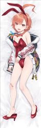 1girl ahoge animal_ear_hairband animal_ears asymmetrical_hair bandaid bandaid_on_foot bandaid_on_knee bandaid_on_leg bare_legs blue_archive bow bowtie braid breasts dakimakura_(medium) detached_collar fake_animal_ears fang hairband high_heels highres huge_ahoge jacket leotard lying mizunashi_kenichi mole mole_under_each_eye mole_under_eye multiple_moles neru_(blue_archive) neru_(bunny)_(blue_archive) no_halo official_alternate_costume orange_hair oversized_breast_cup pantyhose playboy_bunny print_jacket rabbit_ears red_eyes red_leotard red_shoes shoes short_hair single_braid small_breasts solo strapless strapless_leotard sukajan thighs