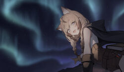 1girl absurdres animal_ears aurora bare_shoulders braid brown_hair brown_shorts cape cat_ears cowboy_shot fang highres indie_virtual_youtuber looking_at_viewer night night_sky open_mouth pointing purple_eyes seorang seorang_(vtuber) shirt short_shorts shorts sky sleeveless sleeveless_shirt smile solo star_(sky) starry_sky twin_braids twintails underbust virtual_youtuber white_shirt