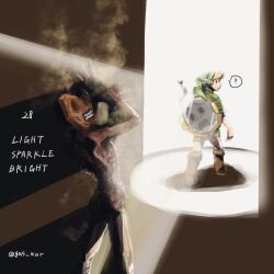 1boy ? blonde_hair boots covering_face fairy gus_uur hat light_rays link looking_back mirror_shield nintendo redead shield shield_on_back solo speech_bubble tatl the_legend_of_zelda the_legend_of_zelda:_majora&#039;s_mask tunic walking zombie