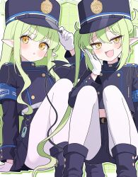 2girls :d :o absurdres ankle_boots arm_support armband belt belt_buckle black_belt black_tail blue_archive blue_armband blue_boots blue_hat blue_jacket blue_shorts blue_skirt blush boots buckle buttoned_cuffs buttons charm_(object) commentary_request convenient_leg crime_prevention_buzzer cropped_jacket demon_tail dot_nose double-breasted earrings fang gloves green_background green_hair green_halo hair_between_eyes halo hand_on_headwear hand_up hat highres hikari_(blue_archive) invisible_chair jacket jewelry knees_up legs long_hair long_pointy_ears long_sidelocks long_sleeves looking_at_viewer midriff miniskirt multiple_girls nozomi_(blue_archive) odorukaminoke open_mouth outline pantyhose parted_lips peaked_cap pleated_skirt pointy_ears raised_inner_eyebrows shirt shirt_tucked_in short_shorts shorts siblings sidelocks sisters sitting skin_fang skirt smile tail train_conductor twins twintails very_long_hair wavy_hair wavy_sidelocks whistle white_gloves white_outline white_pantyhose white_shirt yellow_eyes