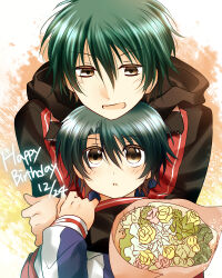 2boys :o aqua_hair arms_around_neck black_jacket blue_jacket blush bouquet brothers brown_eyes check_flower chin_rest curtained_hair echizen_ryooga echizen_ryooma eye_contact flower flower_request flower_wrapper green_hair hair_between_eyes half-siblings hand_on_another&#039;s_arm hand_up happy_birthday head_on_head head_rest highres holding holding_bouquet hood hood_down hug hug_from_behind jacket layered_clothes leaning_forward long_sleeves looking_at_another male_focus mamibakuhatu multicolored_jacket multiple_boys open_mouth orange_background parted_bangs raised_eyebrows red_jacket rose short_hair siblings smile tennis_no_ouji-sama track_jacket upper_body white_background white_jacket wispy_bangs yellow_flower yellow_rose