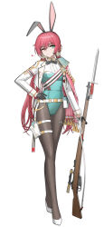 1girl absurdres alternate_costume aqua_leotard bayonet black_gloves black_pantyhose bolt_action carcano carcano_m1891_(girls&#039;_frontline) cheogtanbyeong commentary_request full_body girls&#039;_frontline gloves gun half_gloves highres holding holding_gun holding_weapon holster jacket korean_commentary leotard open_clothes open_jacket pantyhose pink_hair playboy_bunny rifle scope shoes simple_background sniper_rifle solo standing thigh_holster weapon white_background white_jacket white_shoes