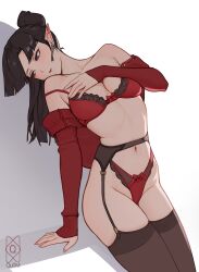 1girl absurdres black_hair blunt_bangs bow bow_bra bow_panties bra breast_suppress breasts commission commissioner_upload earrings garter_belt hand_on_own_chest highleg highleg_panties highres inuyasha jewelry kagura_(inuyasha) lace lace-trimmed_bra lace-trimmed_panties lace_trim lingerie navel off_shoulder panties pointy_ears ponytail quilm red_bra red_eyes red_panties red_shirt shadow shirt simple_background sitting solo thighhighs underwear white_background