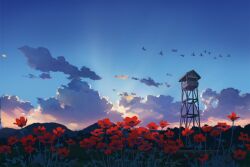 bird blue_sky cloud cloudy_sky commentary_request flock flower grass mizuasagi morning mountainous_horizon no_humans original outdoors red_flower scenery sky sunlight tower