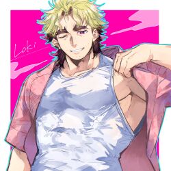 1boy armpit_peek bara blonde_hair border grin hagiography hawaiian_shirt highres loki_(housamo) male_focus multicolored_hair one_eye_closed red_eyes shirt smile solo sparse_stubble thick_eyebrows tokyo_houkago_summoners two-tone_hair white_border white_shirt