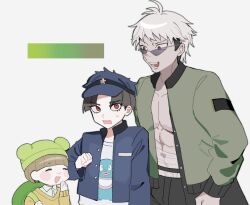 3boys black_hair blonde_hair brown_hair closed_eyes ginzaki_shouma height_difference long_sleeves male_focus maruko_gaku multicolored_hair multiple_boys muscular muscular_male open_mouth red_eyes simple_background sunglasses sweat teeth the_hundred_line_-last_defense_academy- white_background yakushiji_takemaru