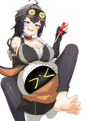 1girl absurdres ahoge bangboo_(zenless_zone_zero) barefoot black_choker black_gloves black_hair black_pants black_tank_top breasts choker cleavage closed_eyes collarbone crop_top drooling elbow_gloves feet fingerless_gloves gloves grace_howard hair_between_eyes highres large_breasts looking_at_another open_mouth pants red_eyes saliva screwdriver sitting sleep_mask smile tank_top teeth toes tongue wan_ban white_background zenless_zone_zero