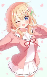 1girl ;d azel_(laevateinn495) blonde_hair blue_eyes blush cherry_blossoms flower gochuumon_wa_usagi_desu_ka? hair_flower hair_ornament hairclip highres hoto_cocoa hoto_cocoa&#039;s_school_uniform index_finger_raised jacket long_hair long_sleeves looking_at_viewer miniskirt one_eye_closed open_clothes open_jacket open_mouth pink_flower pink_jacket pleated_skirt sailor_collar school_uniform shirt skirt smile solo very_long_hair white_sailor_collar white_shirt white_skirt