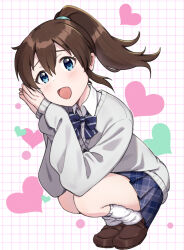 1girl blue_bow blue_bowtie blue_eyes blue_skirt blush bow bowtie brown_hair brown_shoes cardigan dot_nose dress_shirt eyelashes grey_cardigan grid_background hair_between_eyes heart idolmaster idolmaster_million_live! idolmaster_million_live!_theater_days light_blush loafers looking_at_viewer loose_socks mogukichi_aka open_mouth own_hands_together plaid_clothes plaid_skirt pleated_skirt satake_minako school_uniform shirt shoes skirt sleeves_past_wrists smile socks solo squatting striped_bow striped_bowtie striped_clothes white_background white_shirt white_socks