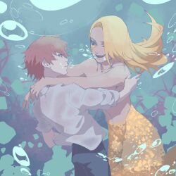 2boys air_bubble alternate_costume arms_around_neck black_pants blonde_hair bubble coral deidara_(naruto) fang hair_over_one_eye happy highres hug implied_yaoi long_hair male_focus mello0519 merman monster_boy multiple_boys naruto_(series) naruto_shippuuden one_eye_closed open_mouth pants parted_lips red_eyes red_hair shirt topless_male underwear white_shirt yaoi