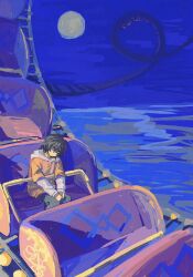 1boy closed_eyes cyberseaurchin expressionless highres hood hoodie male_focus moon night orange_hoodie original outdoors pants roller_coaster short_hair sitting sleeping solo very_short_hair water