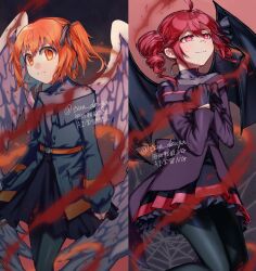 2girls a.i._voice adachi_rei ahoge alternate_costume artist_name bat_wings belt black_gloves black_ribbon black_skirt black_wings closed_mouth coat cowboy_shot drill_hair feathered_wings gloves grey_jacket grey_pantyhose hair_ribbon hands_on_own_chest highres jacket kasane_teto long_sleeves looking_at_viewer miniskirt mu_(utau) multiple_girls off-shoulder_coat off-shoulder_jacket off_shoulder one_side_up orange_belt orange_eyes orange_hair own_hands_together pantyhose purple_coat red_eyes red_hair red_trim ribbon silk skirt sleeves_past_wrists solo spider_web standing tere_douga twin_drills twitter_username utau watermark white_wings wings