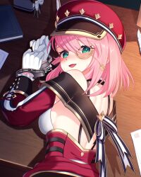 1girl absurdres backless_outfit blush breasts newsboy_cap charlotte_(genshin_impact) cuffs desk detached_sleeves ewaaawa genshin_impact gloves green_eyes handcuffs hat highres lace-up_sleeves looking_at_viewer medium_breasts monocle on_desk open_mouth pink_hair puffy_detached_sleeves puffy_sleeves red_hat red_sleeves shirt sitting solo sweatdrop white_gloves white_shirt