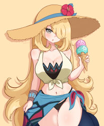 1girl :o bikini blonde_hair blue_sarong breasts brown_hat cleavage cynthia_(pokemon) cynthia_(summer_2025)_(pokemon) ducktracio food gluteal_fold grey_eyes hair_over_one_eye hat highres holding holding_ice_cream_cone ice_cream ice_cream_cone large_breasts long_hair looking_at_viewer multiple_scoops navel nintendo official_alternate_costume pokemon pokemon_masters_ex sarong solo sun_hat swimsuit thighs very_long_hair yellow_background