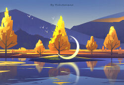 artist_name bird blue_sky crescent_moon huhv. lake moon mountain mountainous_horizon nature no_humans original outdoors reflection reflective_water scenery sky tree water