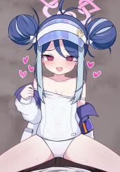 1girl 1other @_@ antenna_hair blue_archive blue_hair breasts double_bun double_strap_slip fubuki_(blue_archive) fubuki_(swimsuit)_(blue_archive) hair_bun halo heart highres io9 jacket loli looking_at_viewer multicolored_hair one-piece_swimsuit pink_halo red_eyes school_swimsuit small_breasts straddling swimsuit white_jacket white_one-piece_swimsuit