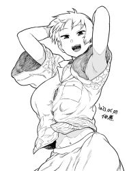 1girl :d armpits arms_up black_eyes bra breast_pocket breasts collarbone collared_shirt cowboy_shot dated forehead large_breasts looking_at_viewer monochrome navel open_mouth original pocket shirt short_hair signature simple_background smile solo stomach teeth tongue tsukudani_(coke-buta) tsurime-chan underwear upper_teeth_only white_background wind