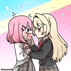 Rule 34 | 2girls, @ @, amaori renako, black jacket, blonde hair, blush, closed eyes, closed mouth, clothes around waist, commentary, flying sweatdrops, grey skirt, grey sweater, hand on another&#039;s chin, hashtag-only commentary, highres, jacket, long hair, long sleeves, mirage star 602, multiple girls, ouzuka mai, pink hair, plaid clothes, plaid skirt, pleated skirt, purple eyes, shirt, skirt, sweater, sweater around waist, twitter username, watashi ga koibito ni nareru wake naijan murimuri!, white shirt, yuri