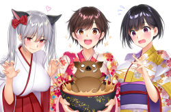 3girls :d animal animal_ears bad_id bad_pixiv_id black_hair blush boar bow bowl breasts brown_eyes brown_hair cat_ears chinese_zodiac claw_pose closed_mouth commentary_request fang floral_print flying_sweatdrops food hair_between_eyes hair_bow hakama hakama_skirt hand_up hands_up heart holding holding_bowl japanese_clothes kimono large_breasts long_hair long_sleeves looking_at_viewer multiple_girls new_year o_o obi open_mouth print_kimono purple_eyes re:shimashima red_bow red_eyes red_hakama sash short_hair sidelocks silver_hair simple_background skirt smile soup sparkle splashing tears teeth tokyo_exe_girls unmoving_pattern upper_body upper_teeth_only wavy_mouth white_background white_kimono wide_sleeves year_of_the_pig