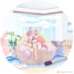 1girl absurdres animal_ears animal_slippers azur_lane bean_bag_chair blue_sky bunny_slippers cannon chinese_commentary cloud commentary_request crossed_bangs fake_animal_ears feet flat_chest full_body hair_between_eyes highres indoors laffey_(azur_lane) long_hair looking_at_viewer manjuu_(azur_lane) navel one_eye_closed pajamas plant potted_plant rabbit_ears red_eyes shorts single_bare_foot single_bare_leg single_thighhigh sky slippers soles solo stomach stretching thighhighs toes torpedo twitter_username unworn_slippers very_long_hair white_hair white_shorts window yawning z-wumi