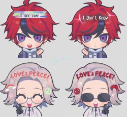 2boys ahoge aotsuki_eito black_gloves black_hair blue_eyes chibi chibi_only closed_eyes english_text glasses gloves grey_background hair_between_eyes hand_up hoodie jacket long_sleeves male_focus multicolored_eyes multicolored_hair multiple_boys multiple_expressions open_mouth peace_symbol rainbow red_eyes red_hair simple_background star_(symbol) sumino_takumi sunglasses teeth the_hundred_line_-last_defense_academy- upper_teeth_only v white_hoodie white_jacket zipper_pull_tab