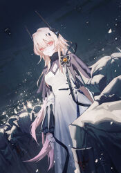 1girl areaaaron arknights black_dress black_horns bowing breasts cleavage cleavage_cutout closed_mouth clothing_cutout commentary dress english_commentary expressionless gradient_hair grey_hair hair_between_eyes highres horns jewelry light_particles long_hair long_sleeves medium_breasts multicolored_hair multiple_rings people pink_eyes pink_hair ring solo_focus theresa_(arknights) turtleneck turtleneck_dress very_long_hair white_dress