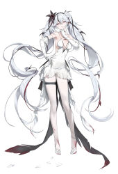 Rule 34 | 1girl, absurdres, alternate costume, bare shoulders, black eyes, black flower, breasts, camellya (wuthering waves), commentary, dress, elbow gloves, english commentary, flower, full body, gloves, grey pantyhose, hair between eyes, hair flower, hair ornament, hand on own hip, high heels, highres, large breasts, long hair, looking at viewer, pantyhose, parted lips, red pupils, rose, simple background, sketch, smile, solo, twintails, very long hair, white background, white dress, white flower, white gloves, white hair, white pantyhose, white rose, wuthering waves, youngjoo kjy