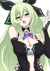 1girl bare_shoulders bow breasts cleavage green_hair hair_between_eyes hair_bow hakozaki_chika highres large_breasts long_hair looking_at_viewer neptune_(series) open_mouth red_eyes seshiro_(which501) simple_background solo upper_body very_long_hair white_background