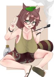 1girl absurdres animal_ears breasts brown_hair cleavage collarbone futatsuiwa_mamizou glasses green_eyes green_hair highres holding holding_smoking_pipe kiseru large_breasts leaf leaf_on_head open_mouth raccoon_ears raccoon_tail shinonome_zakuro short_hair sitting skirt smile smoking smoking_pipe solo sweat tail touhou