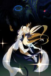 1boy 1girl artoria_caster_(fate) artoria_caster_(swimsuit_berserker)_(fate) artoria_caster_(swimsuit_berserker)_(third_ascension)_(fate) artoria_pendragon_(fate) black_hair blonde_hair closed_eyes fate/grand_order fate_(series) highres long_hair oberon_(fate) oberon_(third_ascension)_(fate) short_hair ss_un17