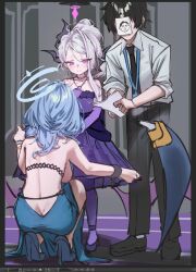1boy 2girls ako_(blue_archive) ako_(dress)_(blue_archive) art_program_in_frame ass backboob backless_dress backless_outfit betabeet black_hair black_horns black_necktie black_pants black_shoes blue_archive blue_dress blue_hair blue_halo breasts butt_crack demon_horns dress dress_pants gloves grey_hair halo high_heels hina_(blue_archive) hina_(dress)_(blue_archive) horns large_breasts long_hair multiple_girls necktie official_alternate_costume pants pantyhose paper_on_head purple_dress purple_eyes purple_gloves purple_pantyhose sensei_(blue_archive) shirt shoes squatting white_shirt