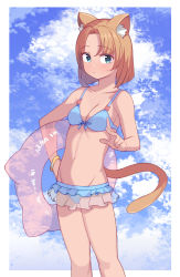 1girl absurdres animal_ear_fluff animal_ears bare_arms bare_shoulders bikini blue_bikini blue_eyes blue_sky breasts brown_hair cat_ears cat_girl cat_tail cloud collarbone groin hand_on_own_hip highres holding holding_swim_ring innertube looking_at_viewer medium_hair navel original saiste sky small_breasts solo stomach swim_ring swimsuit tail