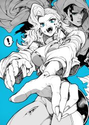 Rule 34 | !, 1boy, 1girl, absurdres, blue background, blue eyes, cloak, cloak (marvel), coat, commentary, commentary request, dagger (marvel), fingernails, greyscale with colored background, highres, hood, hooded cloak, jacket, long hair, marvel, marvel rivals, mixed-language commentary, open mouth, spoken exclamation mark, teeth, yotsumi shiro