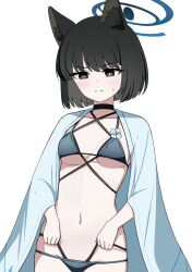 1girl adjusting_clothes adjusting_swimsuit bikini black_choker black_eyes black_hair blue_archive blue_bikini blush cat_girl cat_tail choker closed_mouth highres kikyou_(blue_archive) kikyou_(swimsuit)_(blue_archive) looking_at_viewer official_alternate_costume short_sleeves solo sweatdrop swimsuit tail watakaze